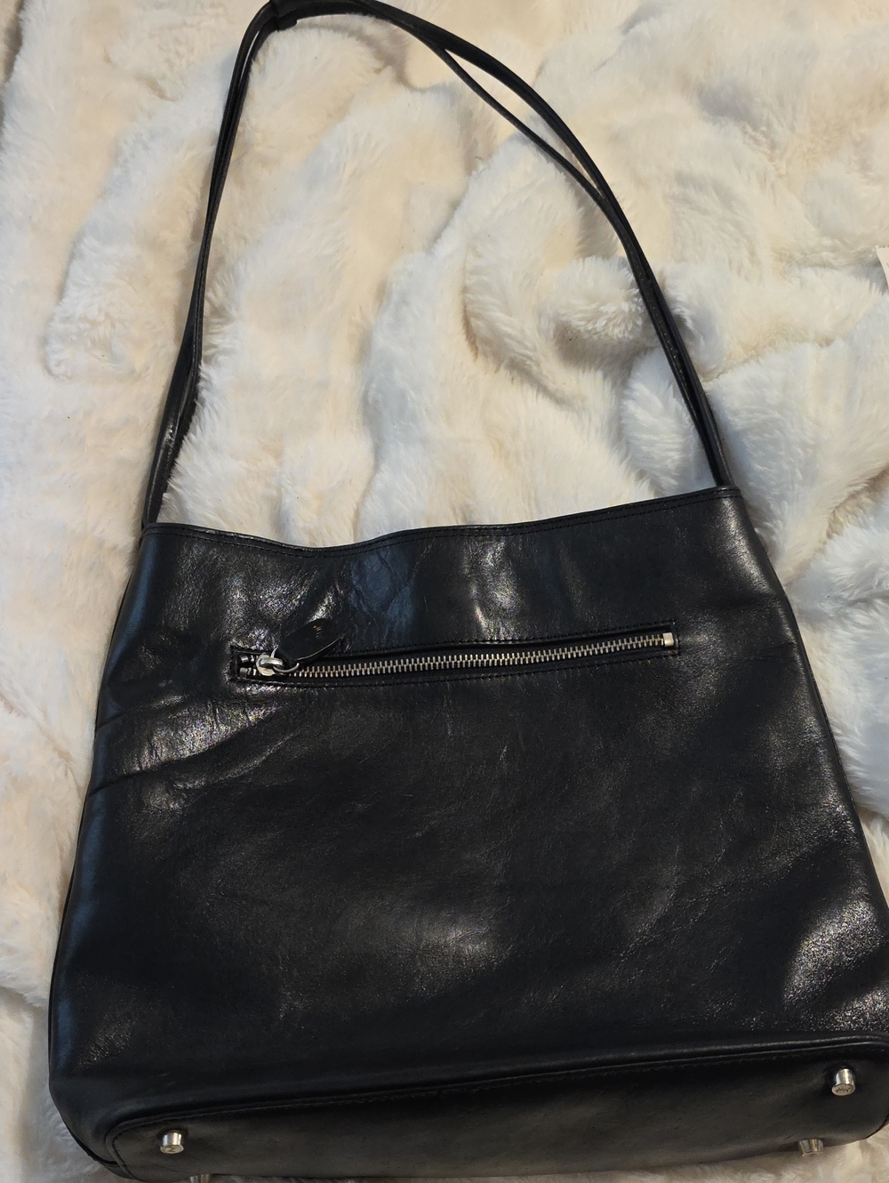 Monsac Black Leather Shoulder Bag with Front Zip